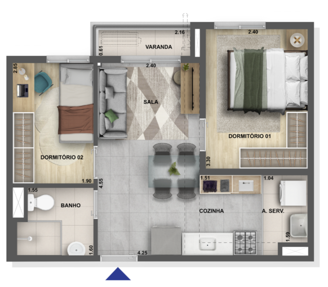 Planta 2 quartos com vaga